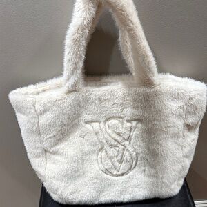 Victoria's Secret Cream Faux Fur Tote with Embossed VS Logo